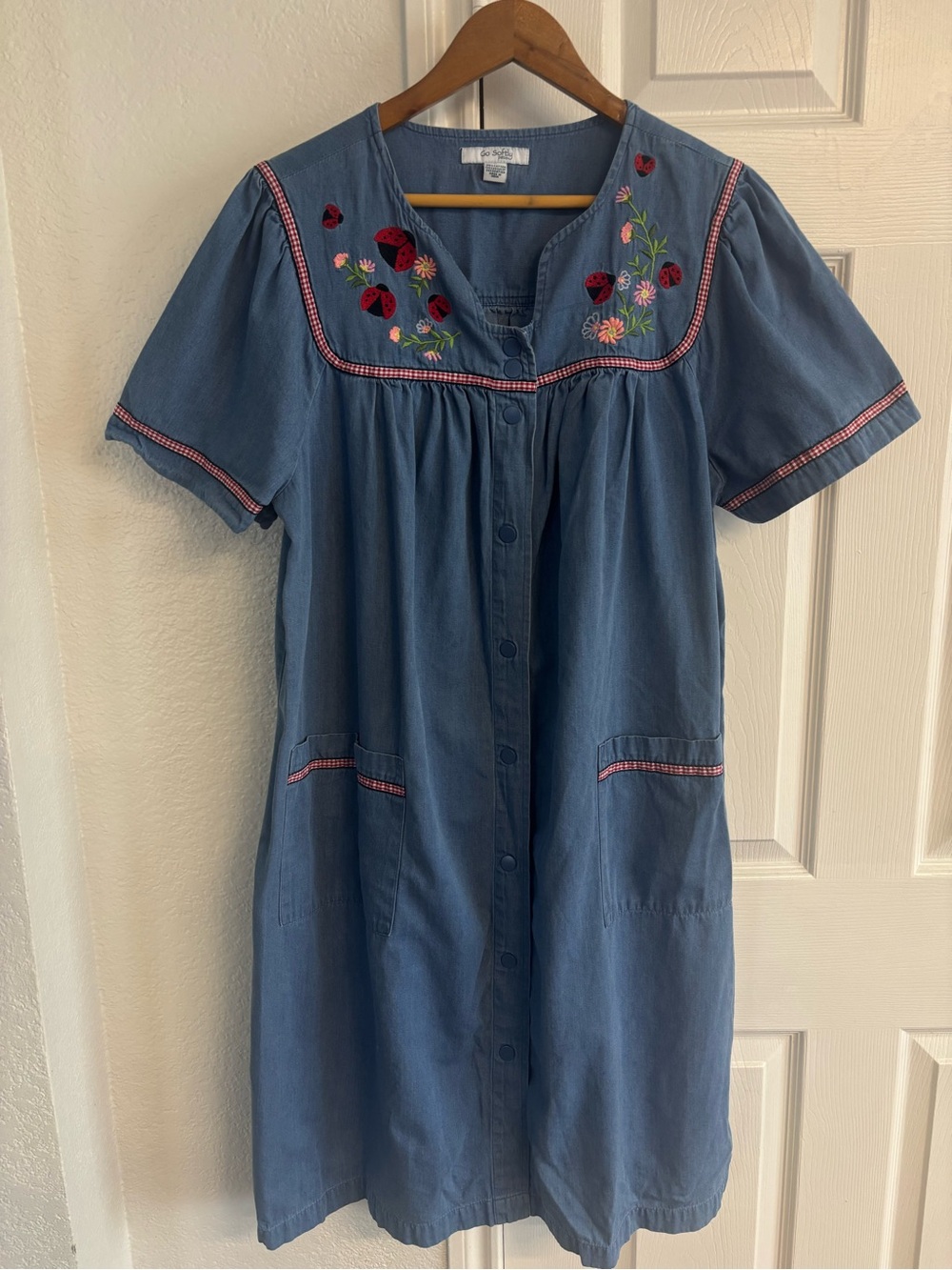 Go Softly Patio Denim Ladybug Embroidered House Dress Size L